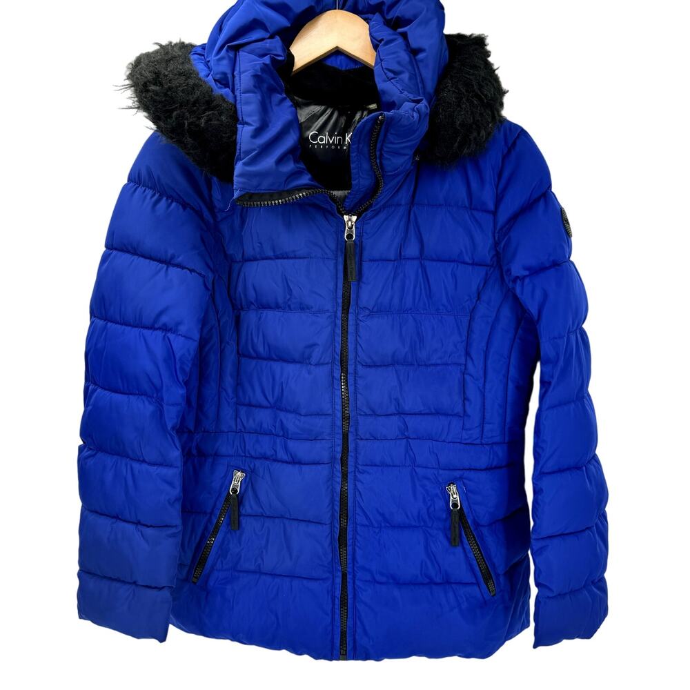 Calvin Klein Coat Womens Large Blue Performance Jacket Puffer Removable Hood